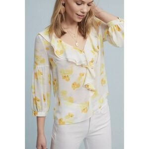 Maeve Anthropologie Daffodil Floral Print Ruffle Top Blouse V Neck Size 8 Yellow